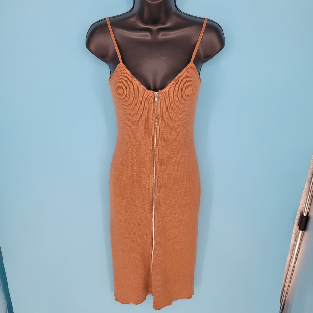 Honey Punch Caramel Tan Ribbed Knit Full Zip Front Midi Dress Bodycon Slip Sz S